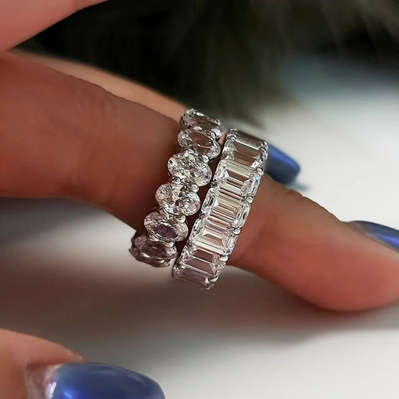 Charming 925 Sterling Silver Oval Cut & Emerald Cut Wedding Ring
