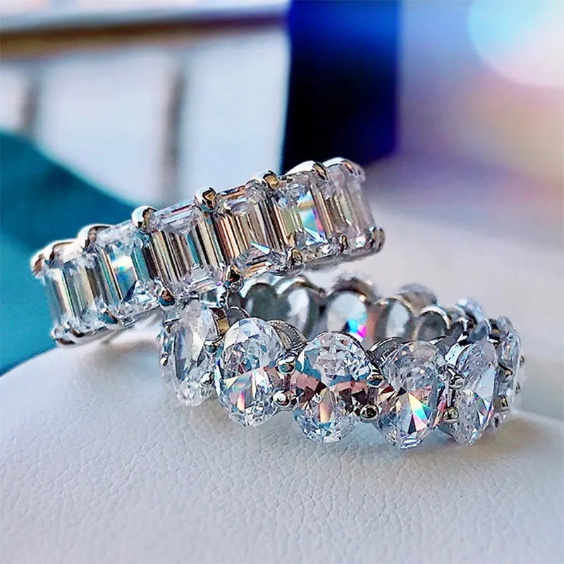 Charming 925 Sterling Silver Oval Cut & Emerald Cut Wedding Ring