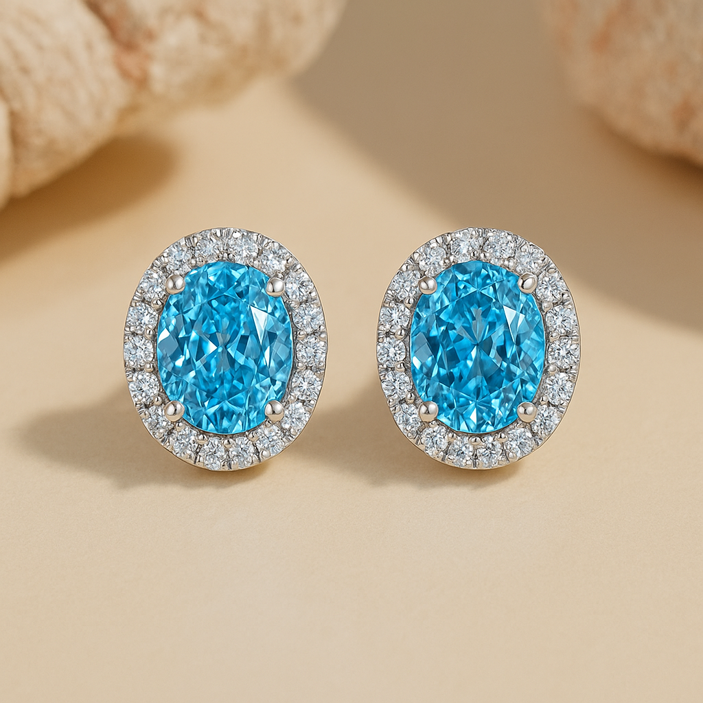 Sterling Silver Halo Aquamarine Blue Oval Cut Drop Earrings