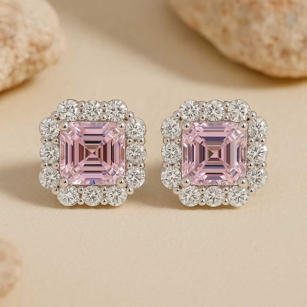 Radiant Asscher Cut Pink Stone 925 Sterling Silver Earrings