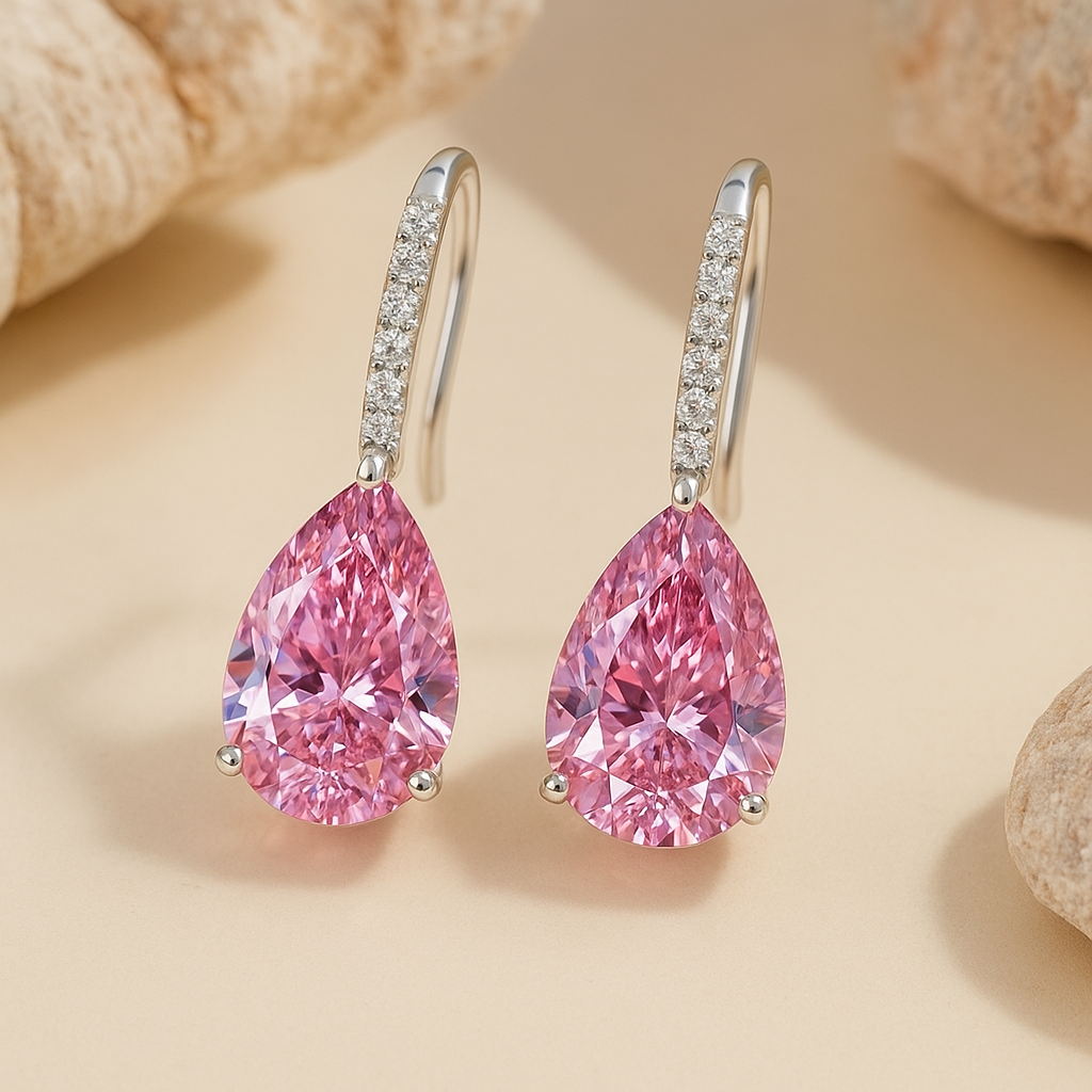 Luxurious Pear Cut Pink Stone 925 Sterling Silver Earrings