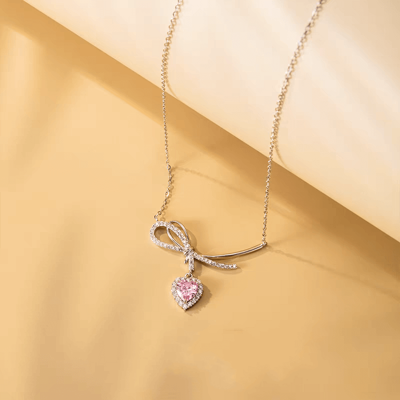 Heart Cut Pink Bow Sterling Silver Necklace