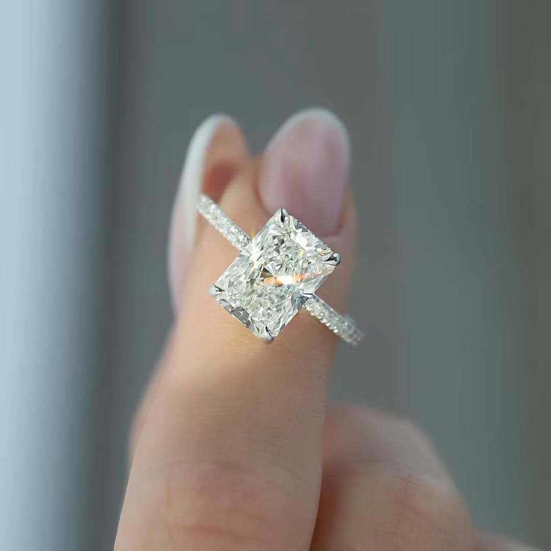 Solarii Moissanite 4.0ct Hidden Halo Radiant Cut 925 Sterling Silver Engagement Ring