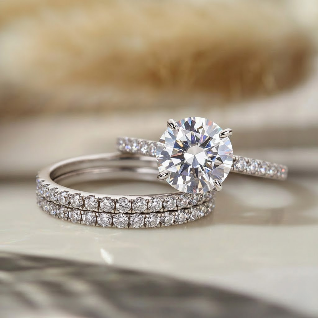 Elegant Sterling Silver Round Cut 3PC Wedding Ring Set