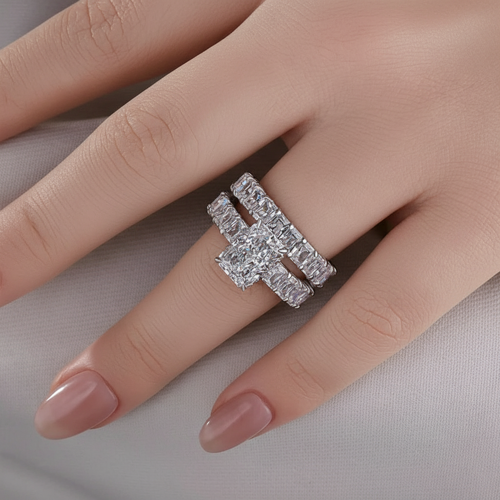 Dimensional Radiant Cut 3.0ct Pave 925 Sterling Silver Wedding Ring Set