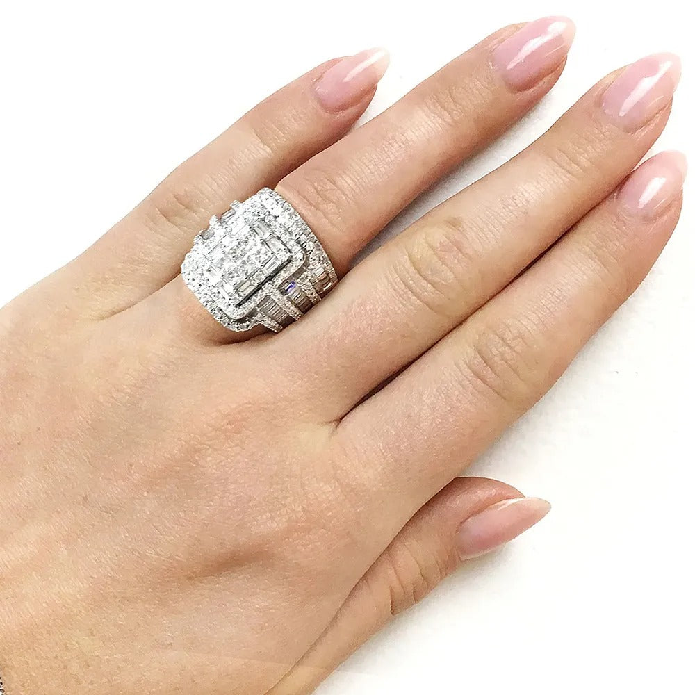 Deluxe Princess & Emerald Cut 4.0Ct Cluster 925 Sterling Silver Bridal Set