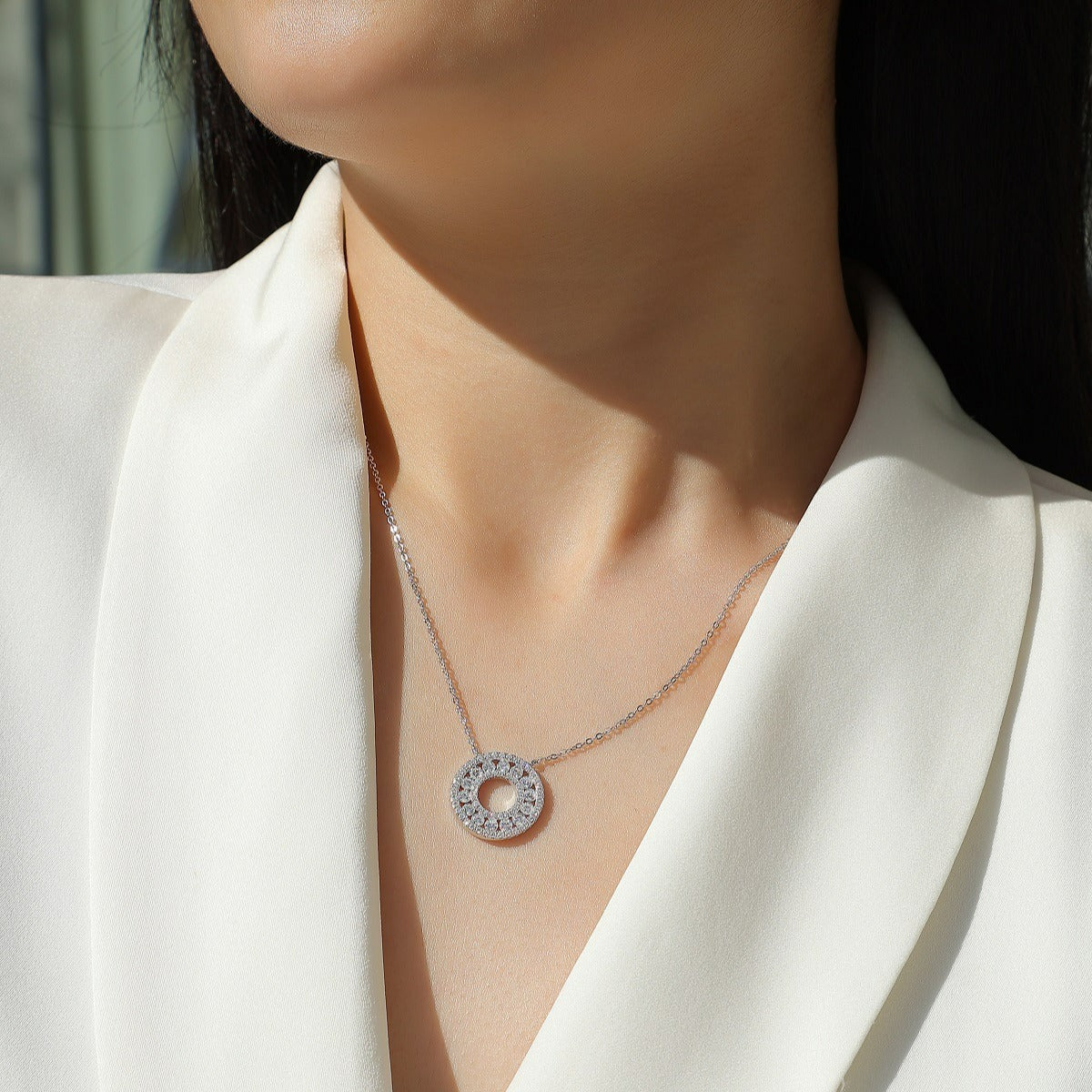 Moissanite Round Cut Open Circle 925 Sterling Silver Necklace