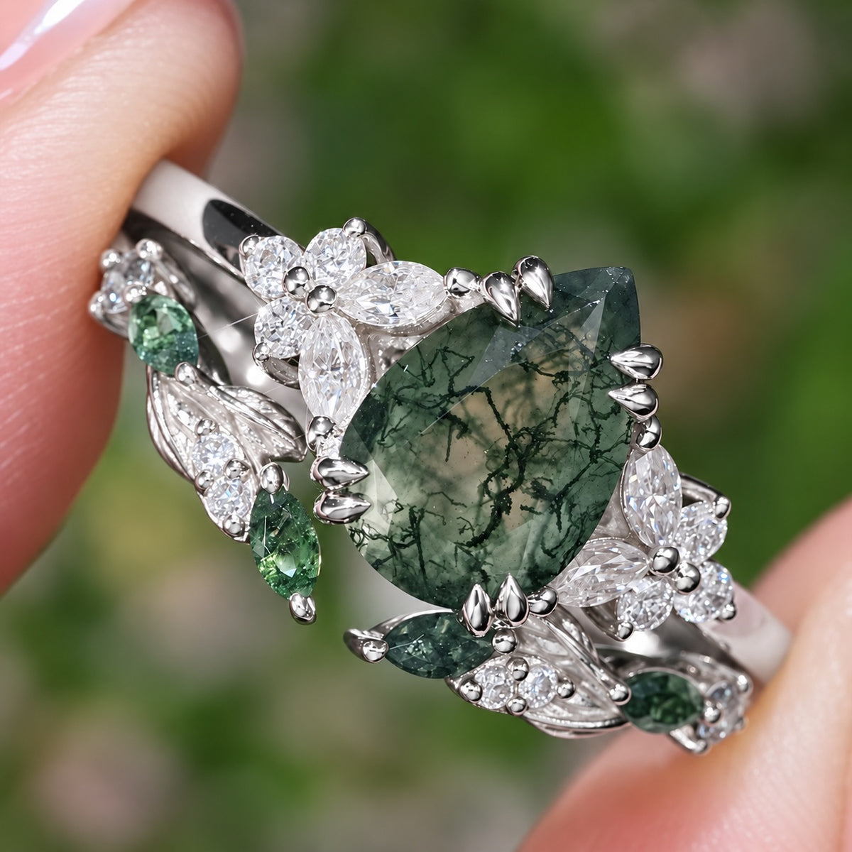 Botanical Moss Agate 2.0ct Pear Cut Ring Set | Floral Vine & Leaf Branch Band