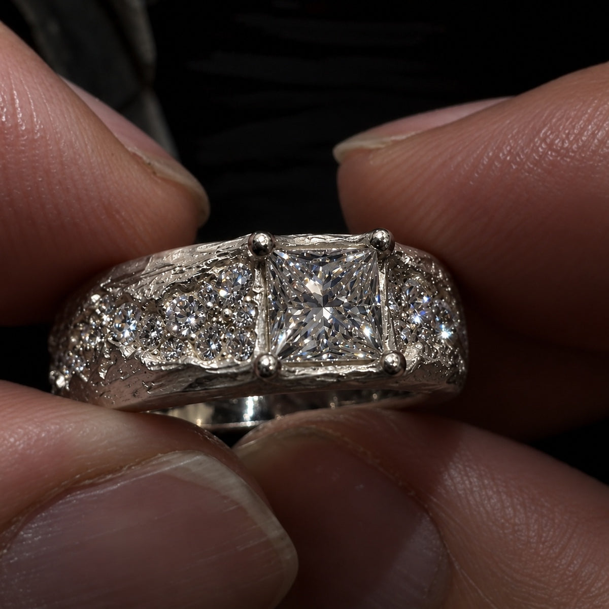 Textured Hammered Statement Ring with Princess Cut Center