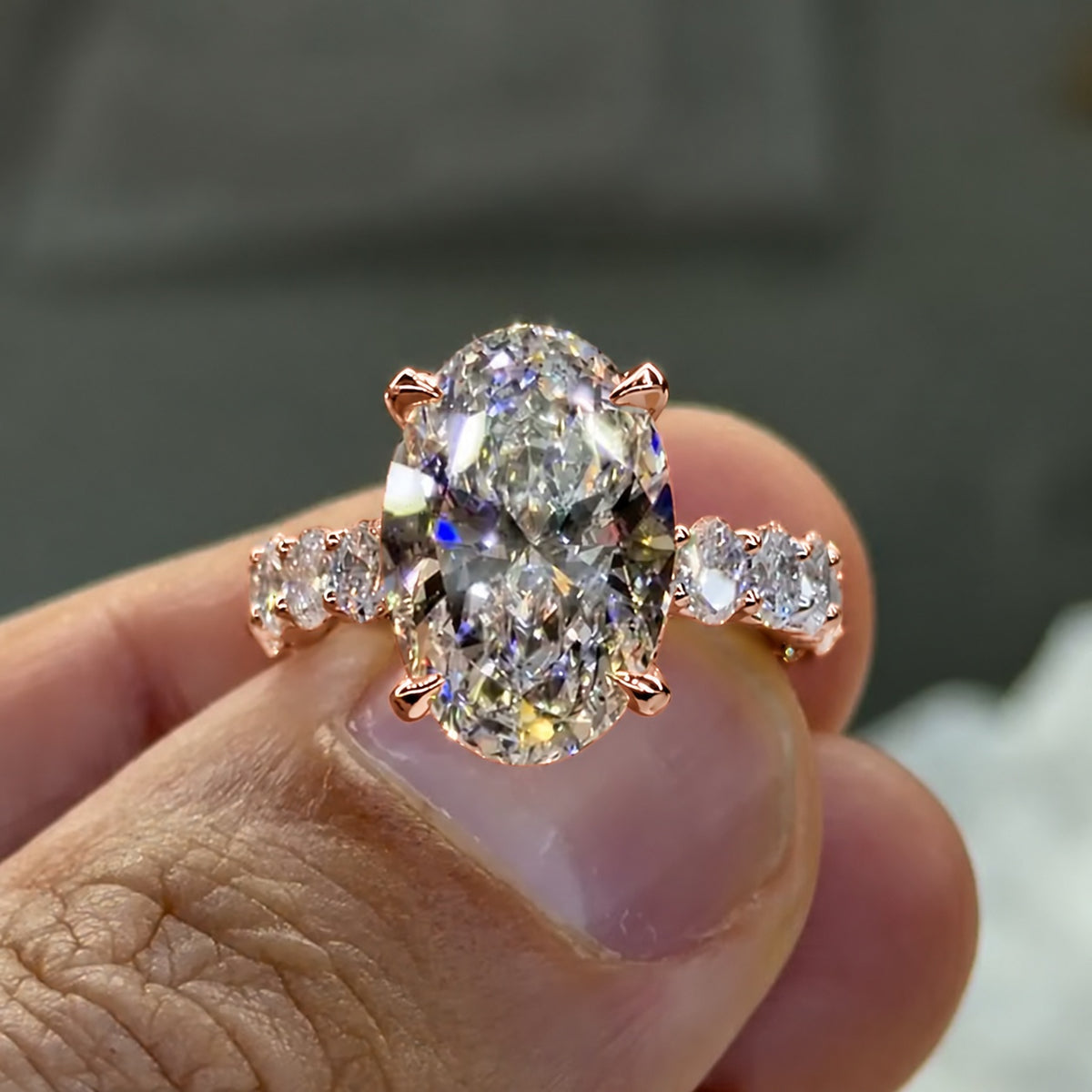 Massive 8.0ct Oval Cut Gemstone Engagement Ring with Chunky Pavé Band