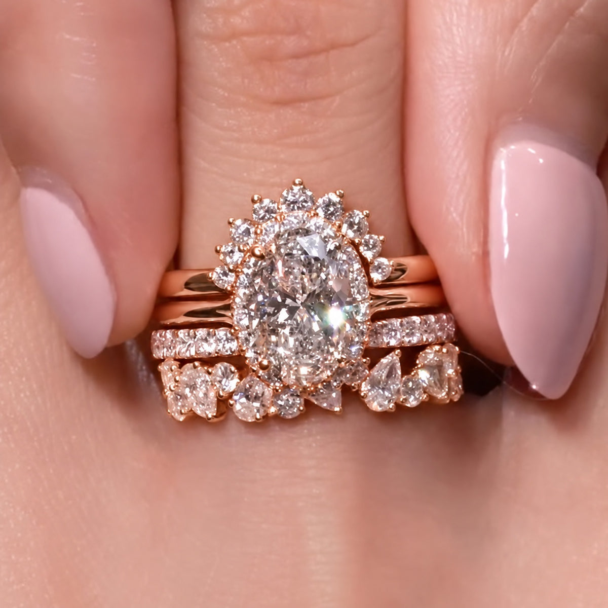 Magnificent 4PC 2.0ct Oval Cut Halo Gemstone Ring Stack