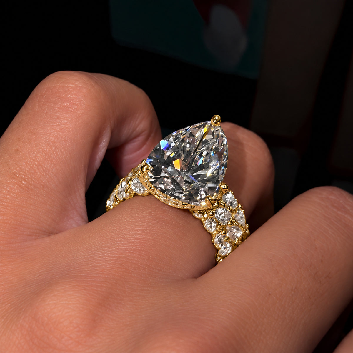 8.0ct Pear Cut Hidden Halo Engagement Ring Set With Pave Band