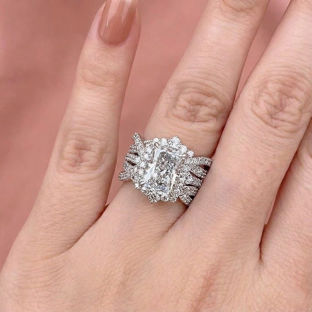Luxurious Radiant Cut 925 Sterling Silver Bridal Set