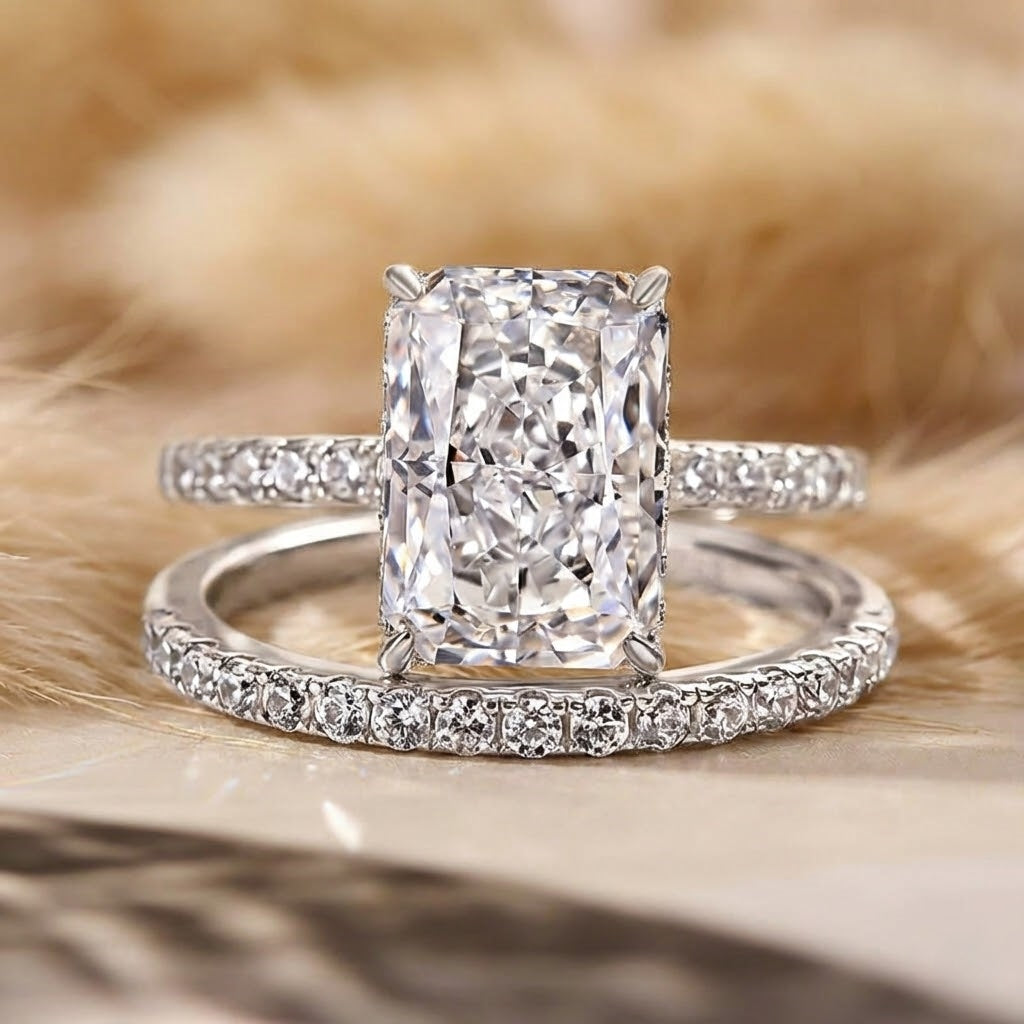 925 Sterling Silver Radiant Cut Wedding Ring Set