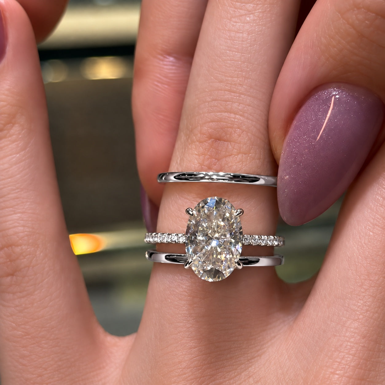 5.0ct Oval Cut Pave and Plain Band 3PC Stacking Bridal Set in Sterling Silver