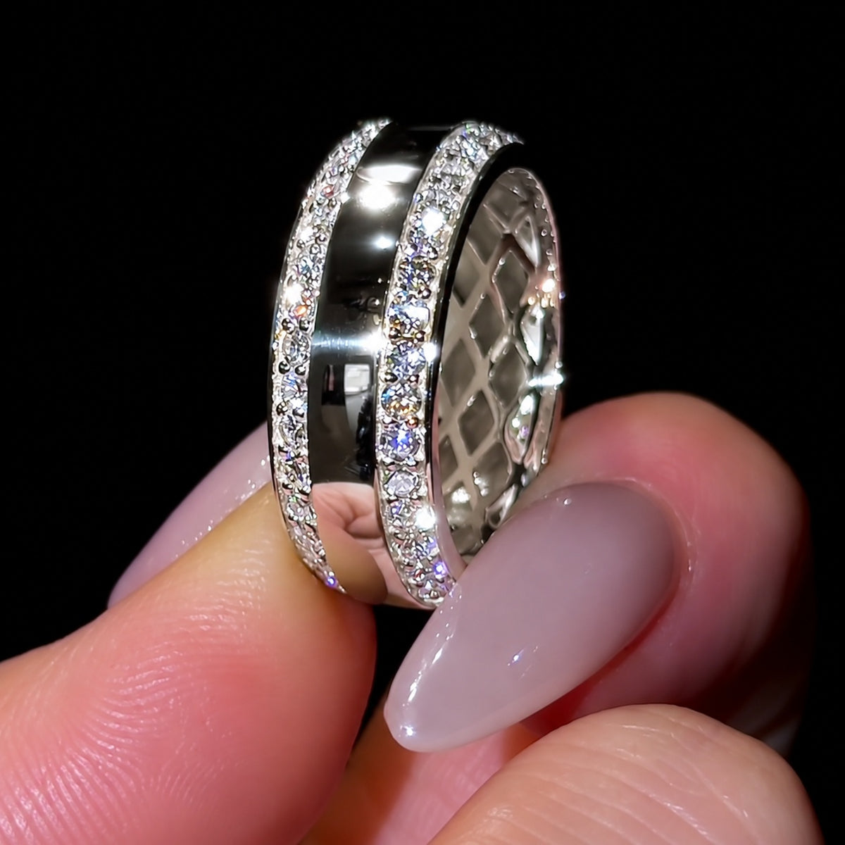Double Pavé Edge High Polish Wide Cigar Band in Sterling Silver