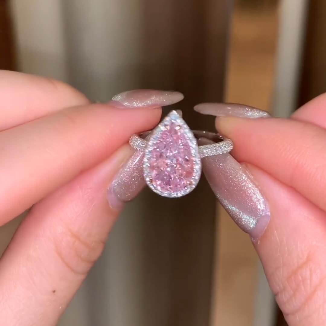 Pink Pear Cut Simulated Diamonds Ring, White Gold, 925 Silver.
