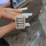 Massive Flawless Emerald Cut • Bold 7ct Look Double Halo Multi-Row Iced Out Engagement Ring In Sterling Silver