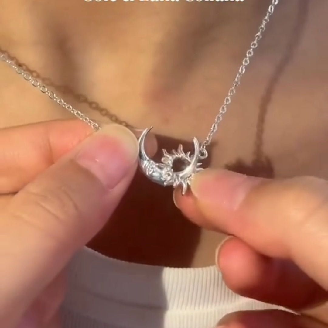 Celestial Sun and Moon Interlocking Pendant Necklace in Sterling Silver