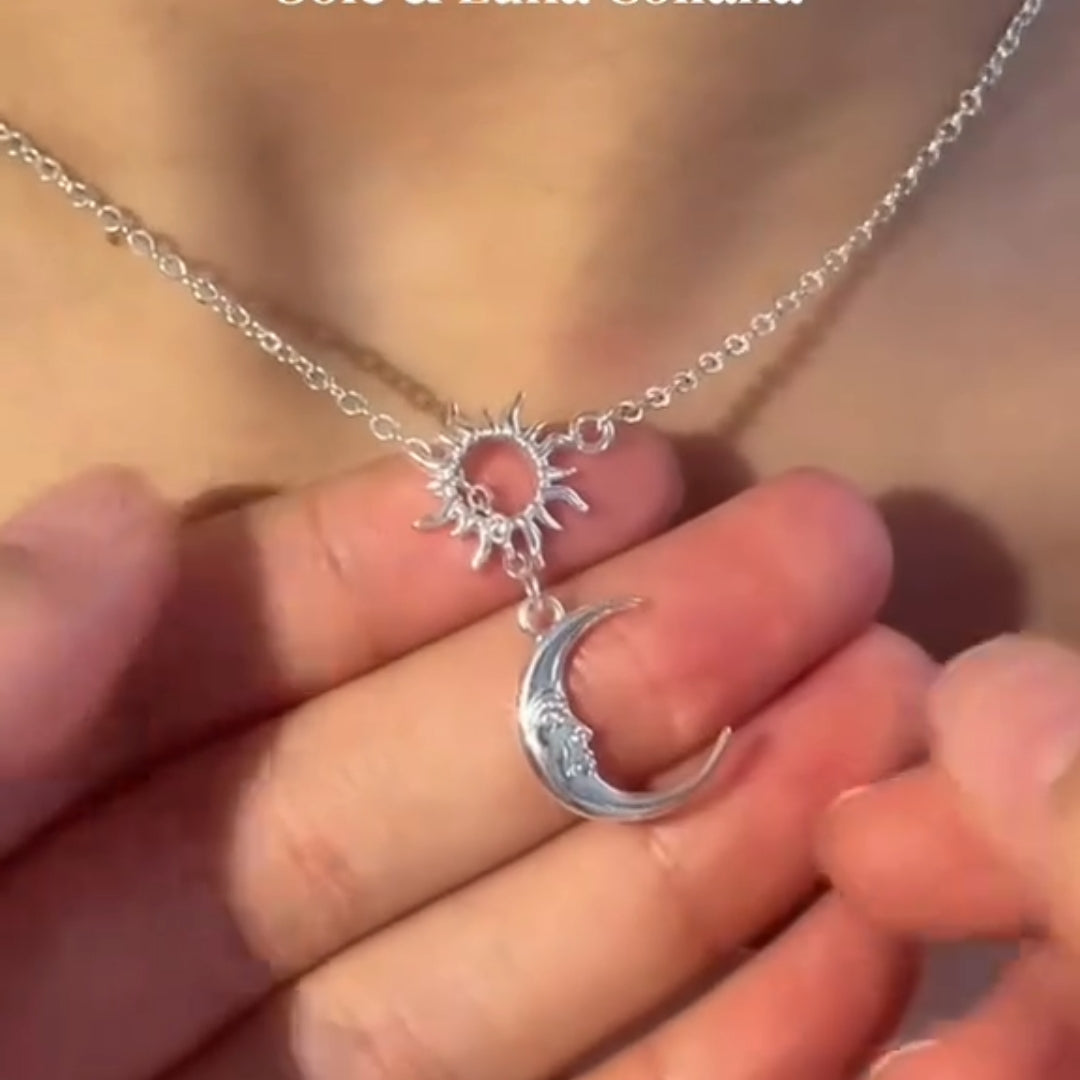 Celestial Sun and Moon Interlocking Pendant Necklace in Sterling Silver