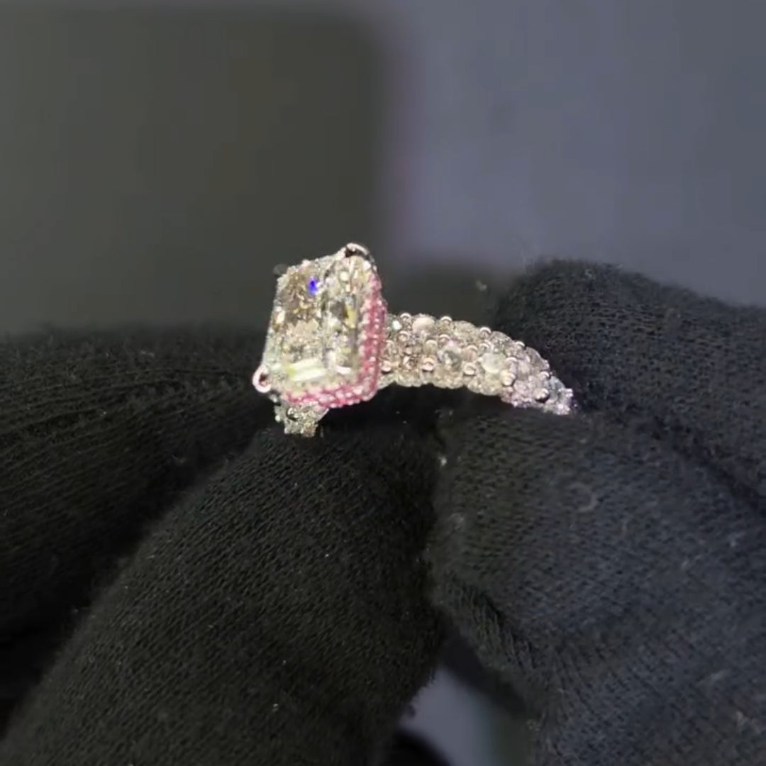 Radiant Cut 5.0ct Double Pink Hidden Halo 2PC Bridal Set in Sterling Silver
