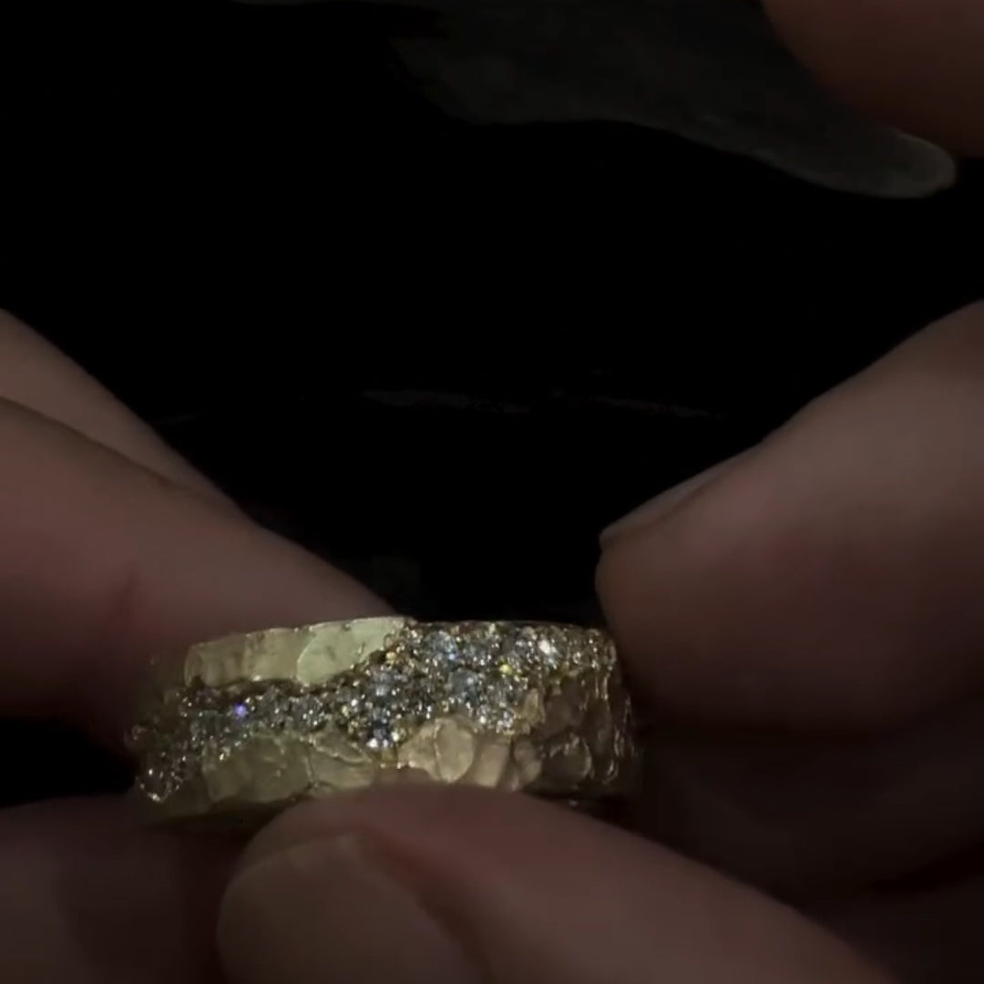 Rustic Hammered Finish Diamond River Wide Band Ring