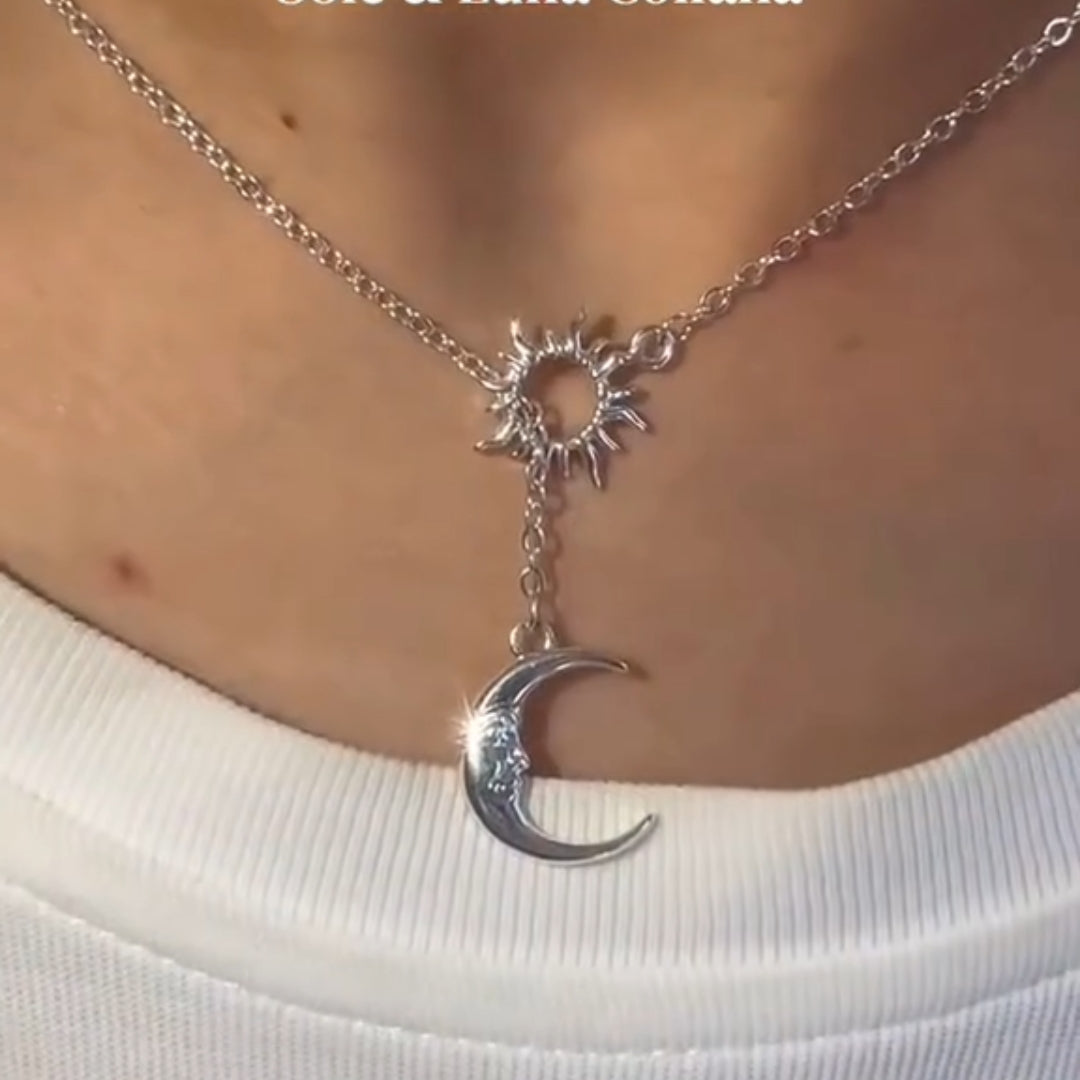 Celestial Sun and Moon Interlocking Pendant Necklace in Sterling Silver