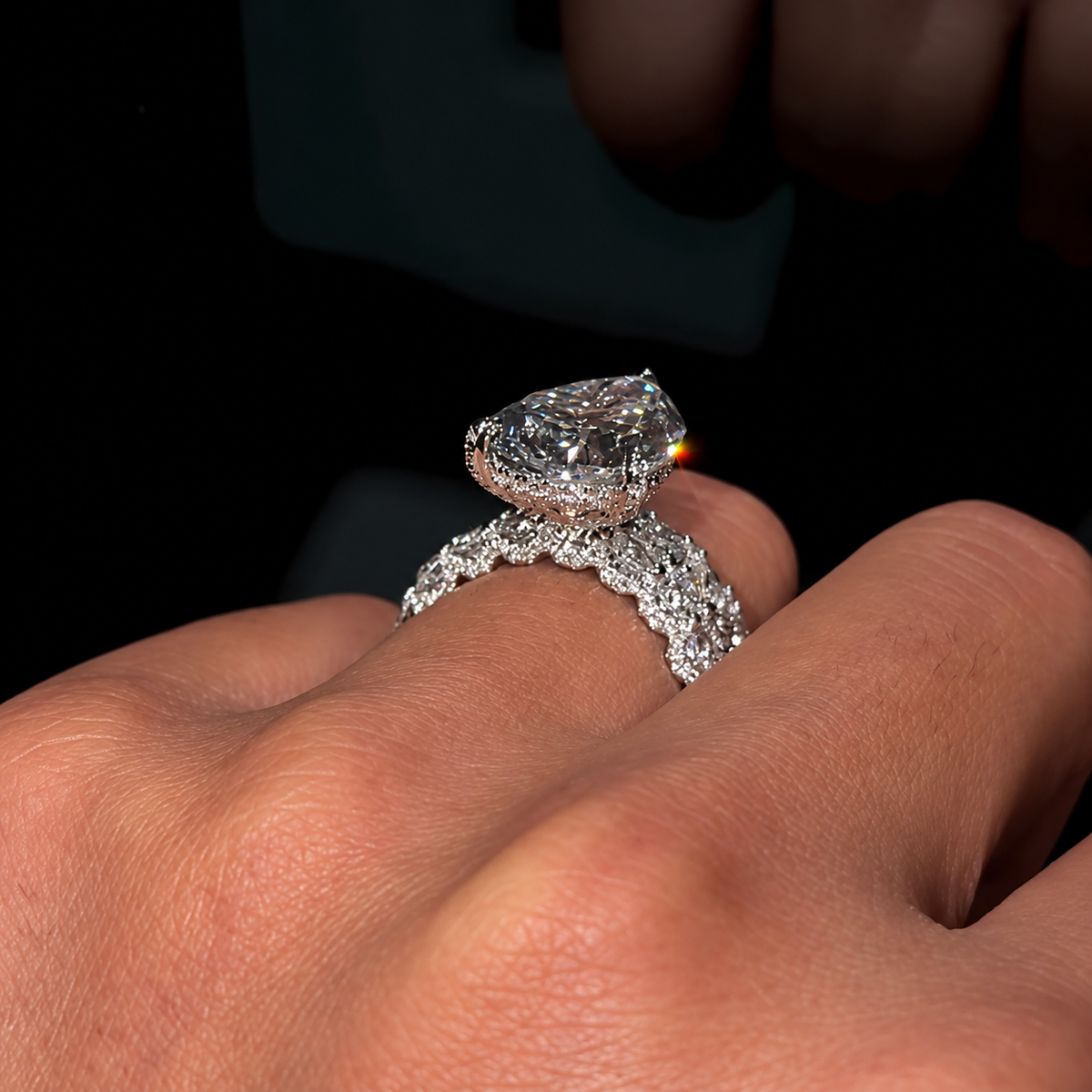8.0ct Pear Cut Hidden Halo Engagement Ring Set With Pave Band