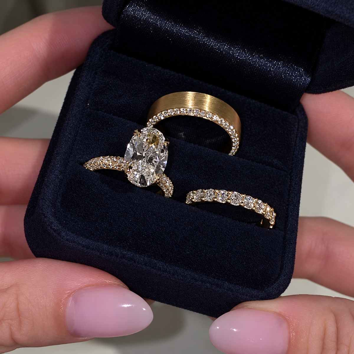 3PC 5.0ct Oval Cut Gemstone Bridal Ring Set With Pave & Brushed Bands