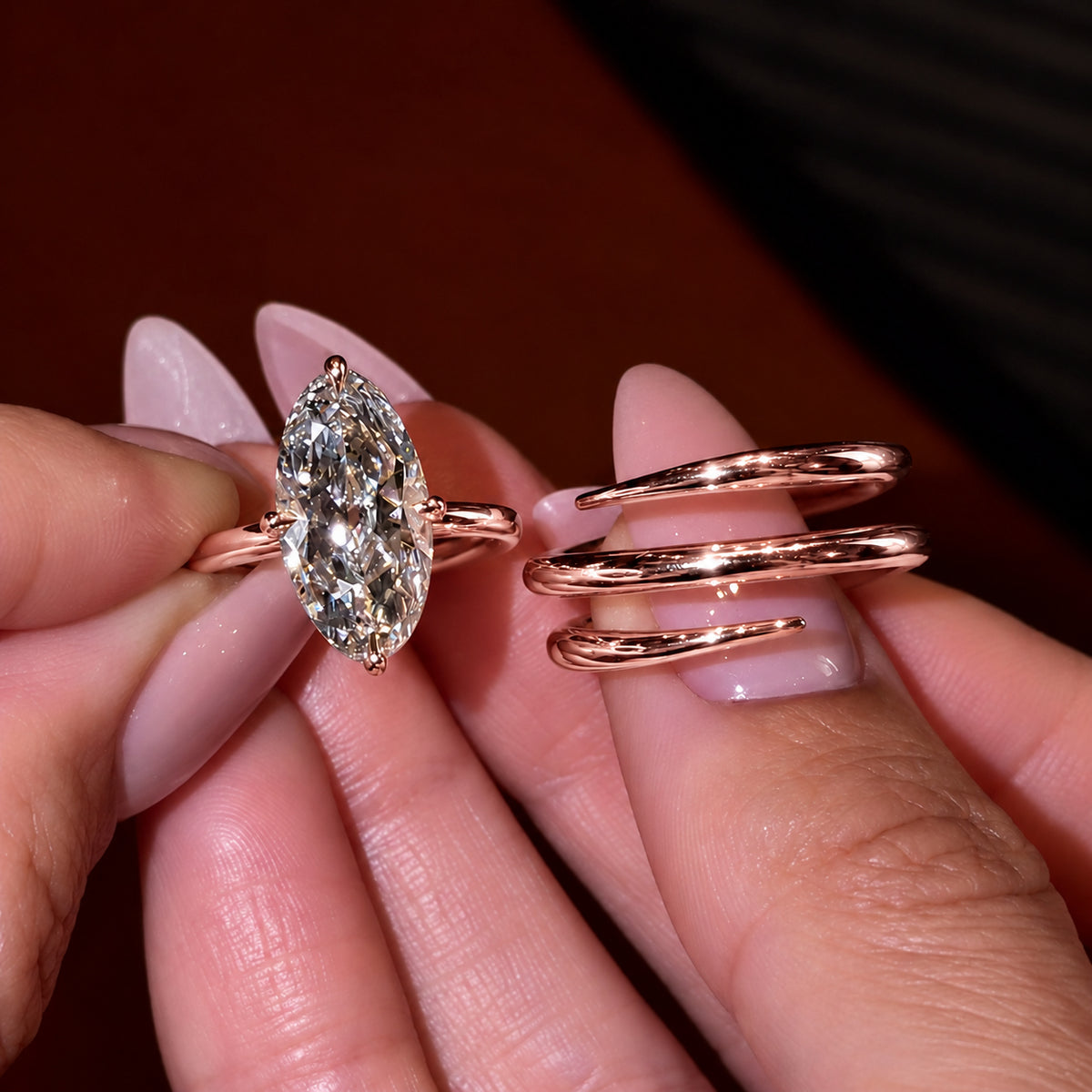Modern 3.0ct Marquise Cut Gemstone Spiral Wrap Bridal Ring Set