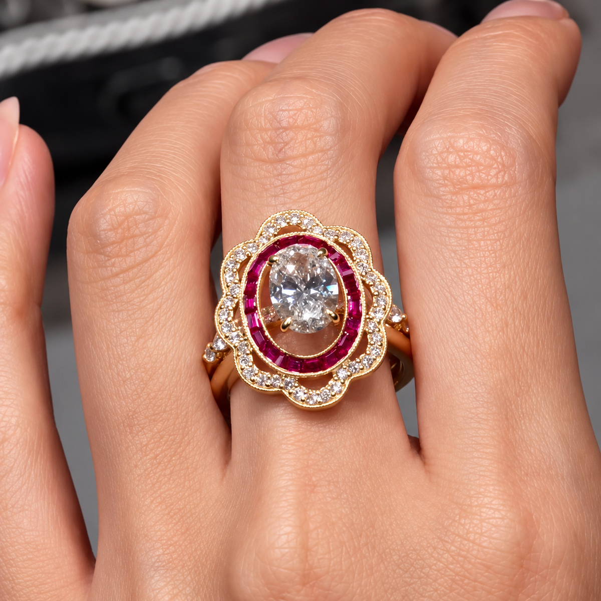 Vintage 1.5ct Oval Cut Gemstone Bridal Ring Set With Ruby Tone Enhancer