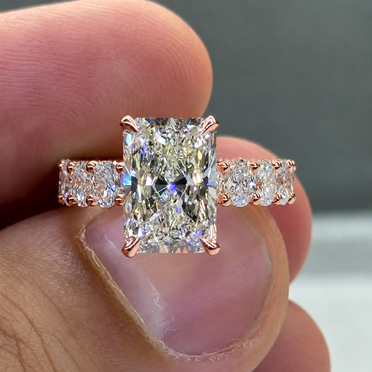 Luminous 5.0ct Radiant Cut Oval Accent Band Engagement Ring in Sterling Silver