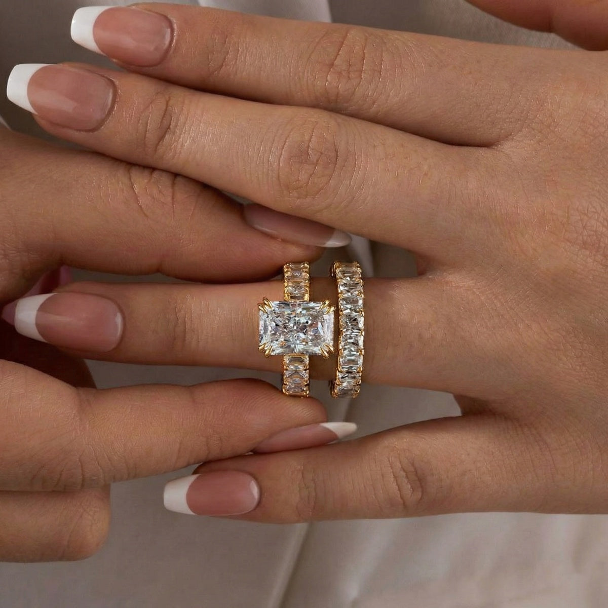 Glistening-hued Radiant Cut 5.0ct Pave 925 Sterling Silver Wedding Ring Set