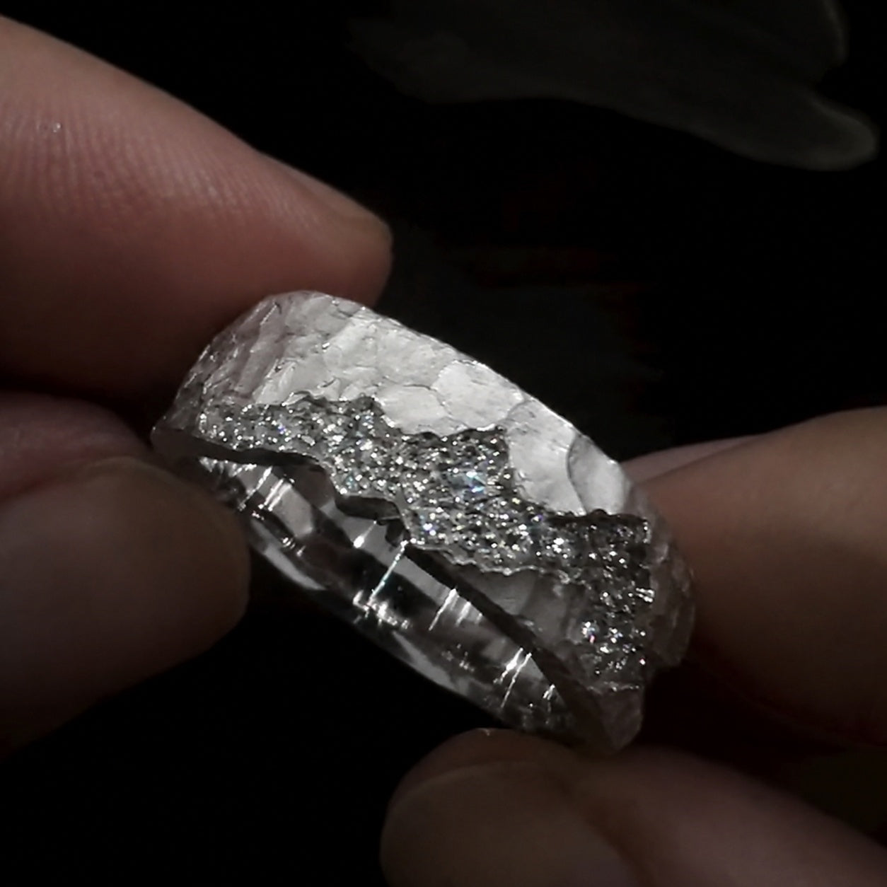 Rustic Hammered Finish Diamond River Wide Band Ring