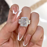 Glazed Radiant Cut 8.0ct Three Stone Engagement Ring In Sterling Silver