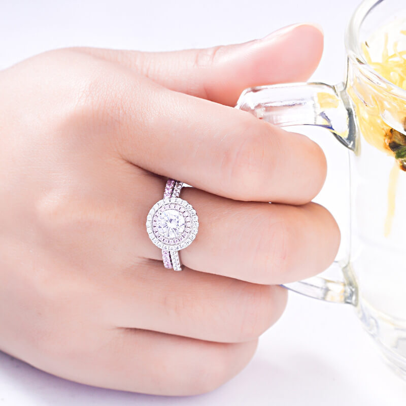 Round Cut Pink Stone Sterling Silver Wedding Ring Set