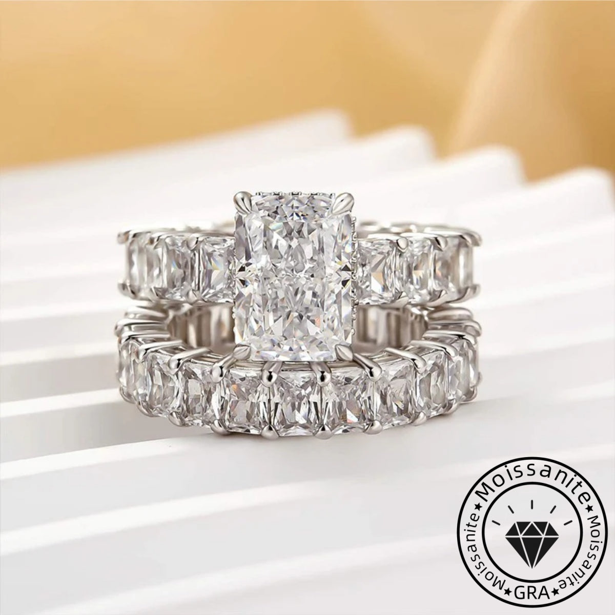Dimensional Radiant Cut 3.0ct Pave 925 Sterling Silver Wedding Ring Set