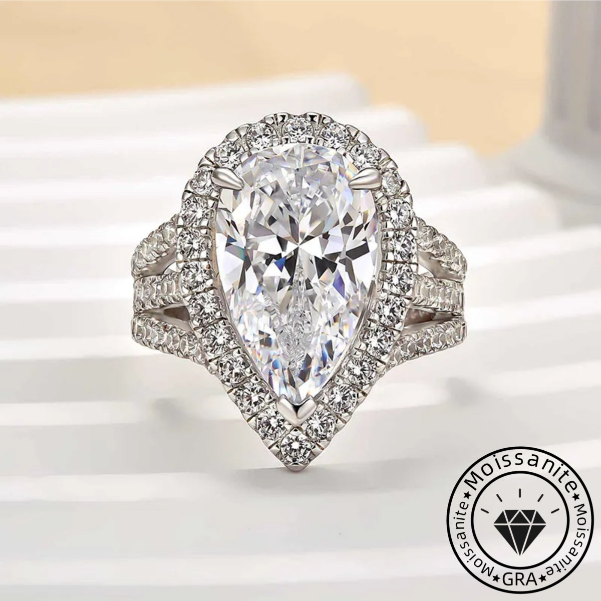 Vintage 4.5ct Split Shank Halo Pear Cut Engagement Ring In Sterling Silver