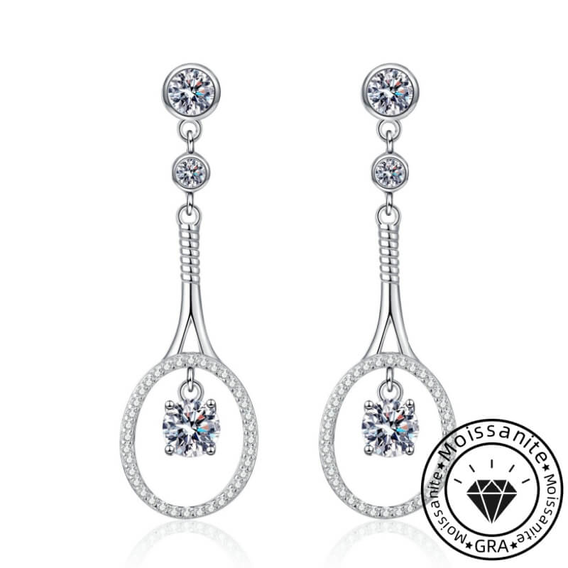 Round Cut White Stone Tennis Racket Design Earrings in White Gold Plating with Moissanite, 925 Sterling Silver