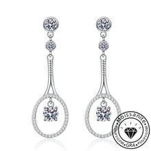 Round Cut White Stone Tennis Racket Design Earrings in White Gold Plating with Moissanite, 925 Sterling Silver