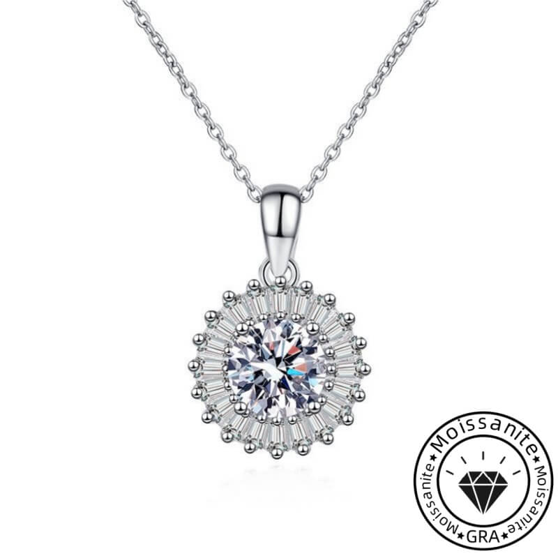 Round Cut Moissanite Radiant Sun Necklace with White Gold Plating, 925 Sterling Silver