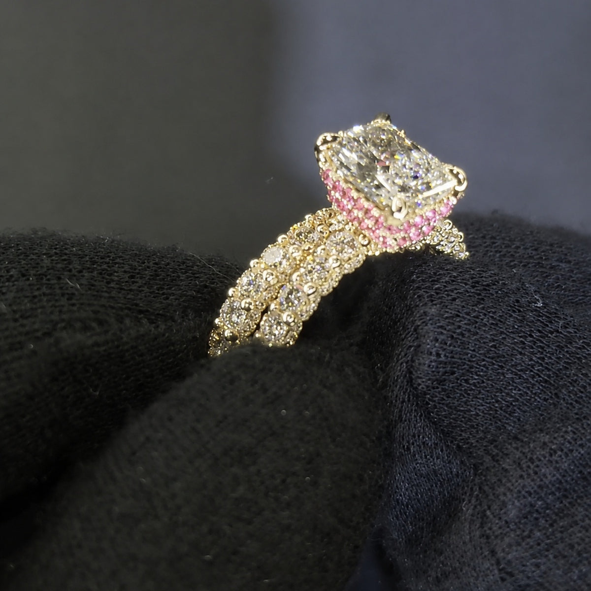 Radiant Cut 5.0ct Double Pink Hidden Halo 2PC Bridal Set in Sterling Silver