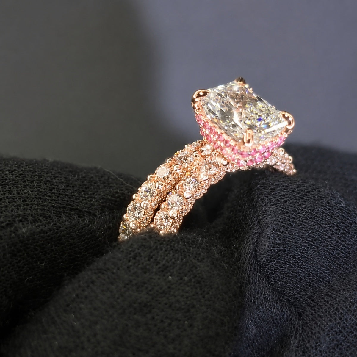 Radiant Cut 5.0ct Double Pink Hidden Halo 2PC Bridal Set in Sterling Silver