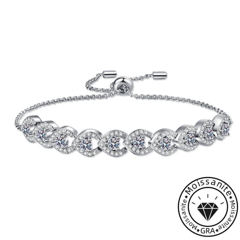 Round Cut Adjustable Moissanite Bracelet with White Gold Plating, 925 Sterling Silver