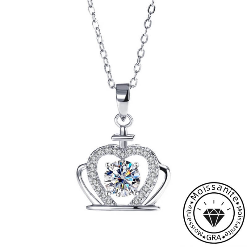 Round Cut Moissanite Crown Pendant Necklace with White Gold Plating, 925 Sterling Silver