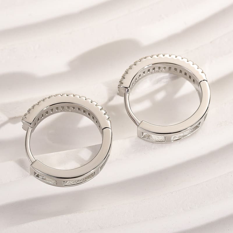 Emerald Cut Moissanite Hoop Earrings in White Gold Plating, 925 Sterling Silver