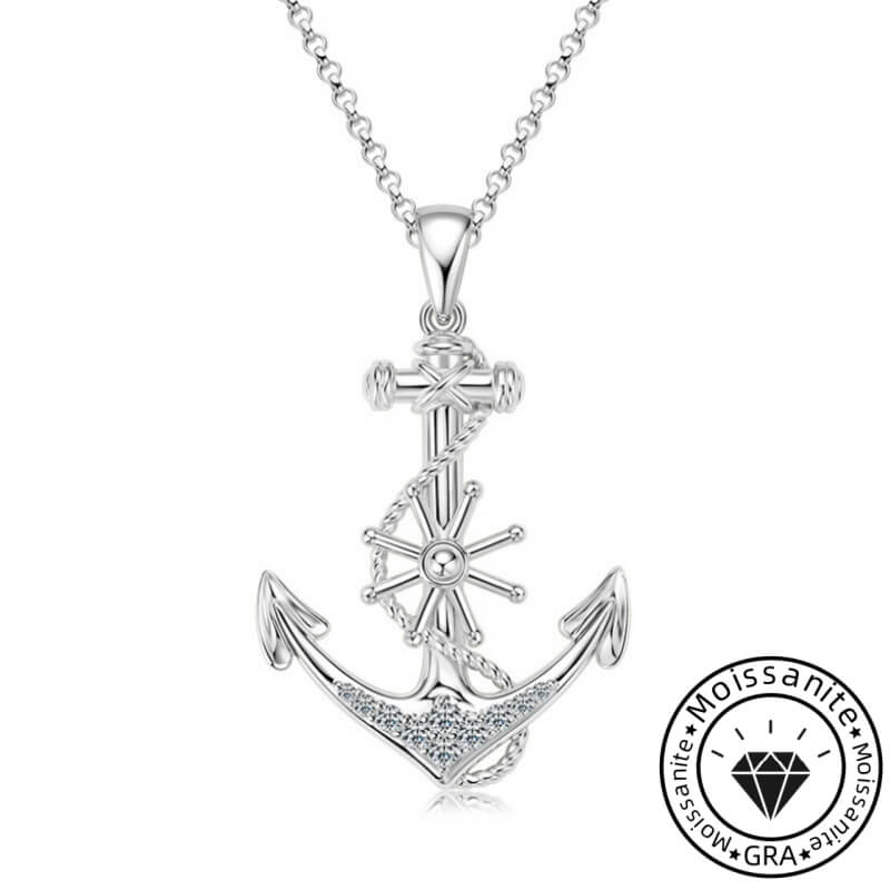 Round Cut Moissanite Anchor Necklace with White Gold/Yellow Gold Plating, 925 Sterling Silver