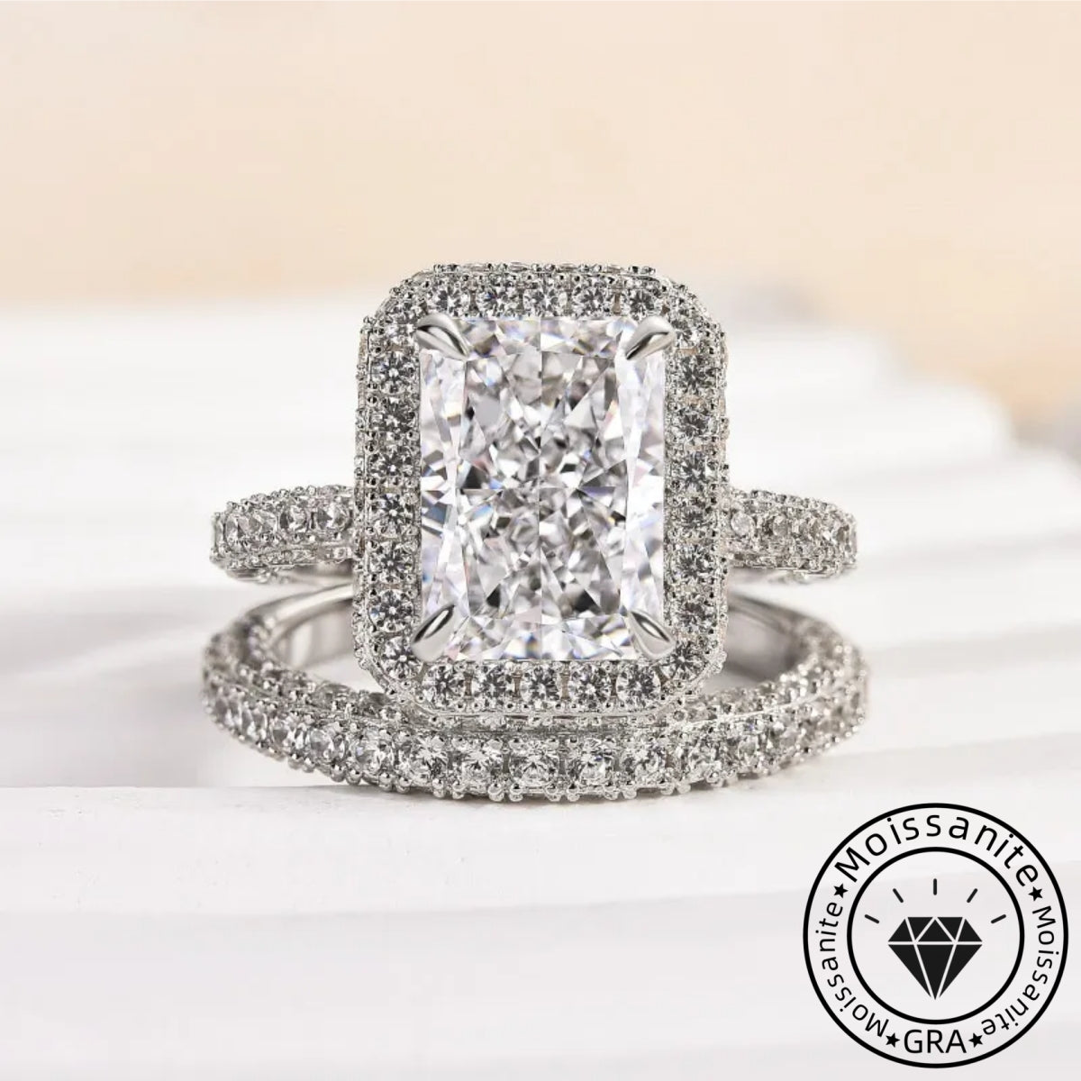 Solarii Eternal Sparkle Cubic Zirconia Ring 3.5ct Radiant Cut  925 Sterling Silver Wedding Ring Set