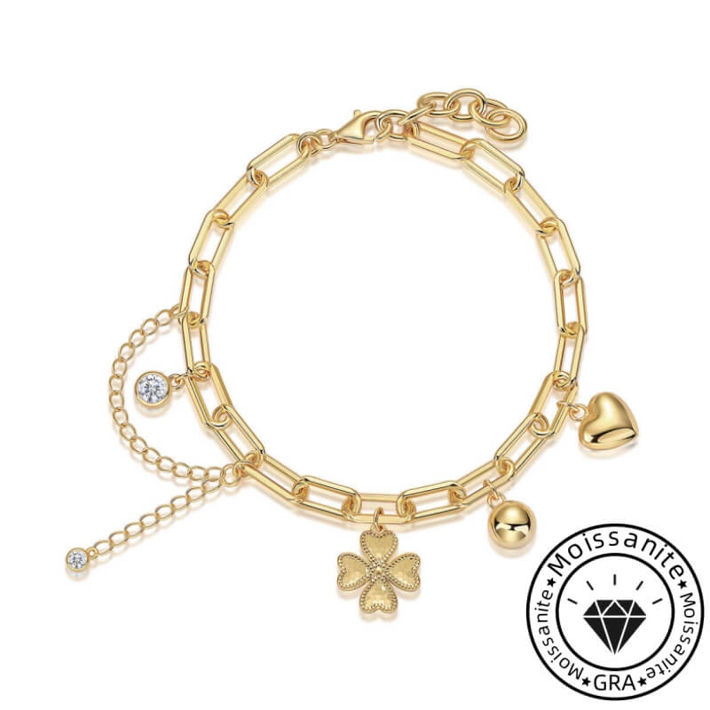 Clover Heart Charm Bracelet with Yellow Gold Plating, 925 Sterling Silver