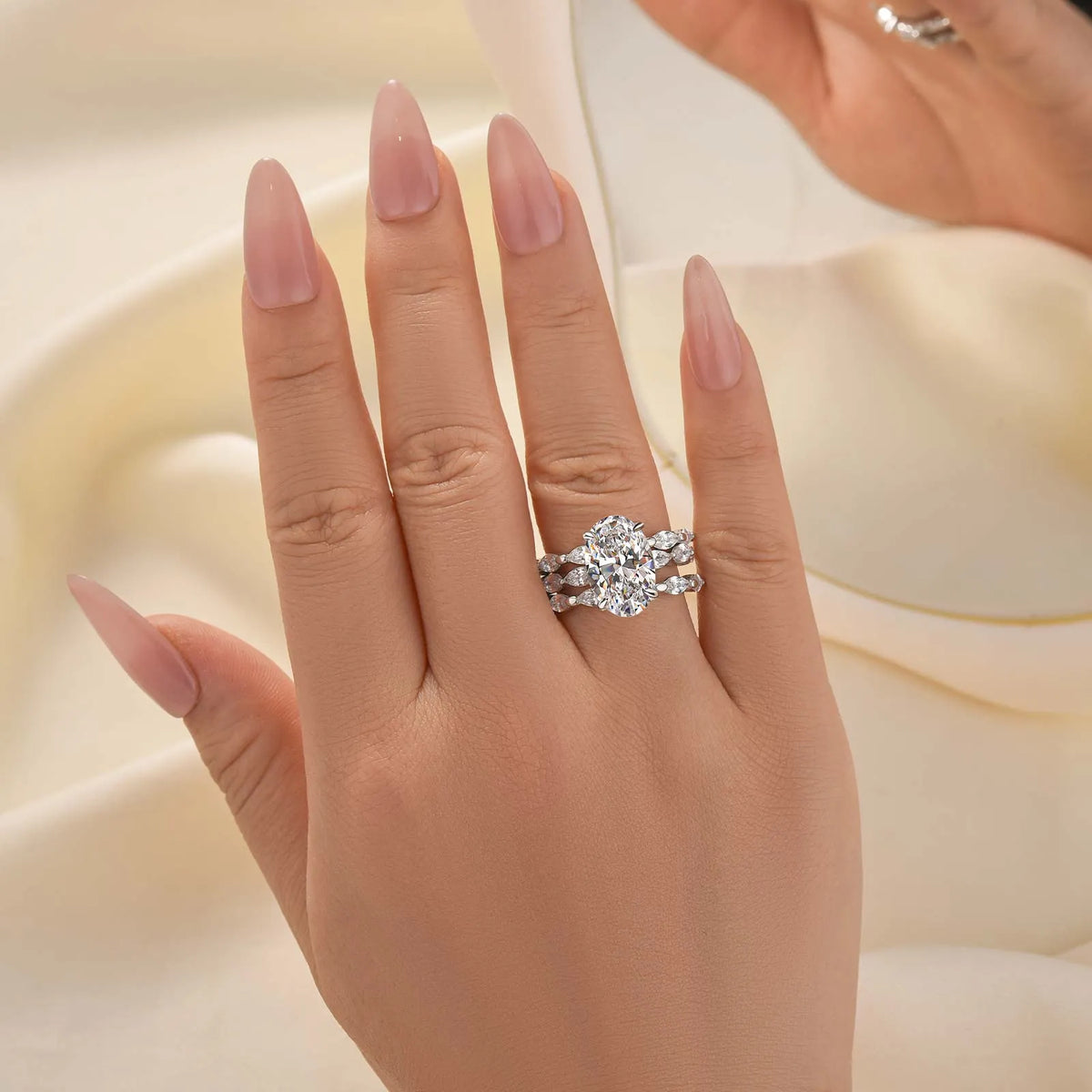Dimensional Oval Cut 5.0 Ct 3PC Ring 925 Sterling Silver Wedding Ring Set
